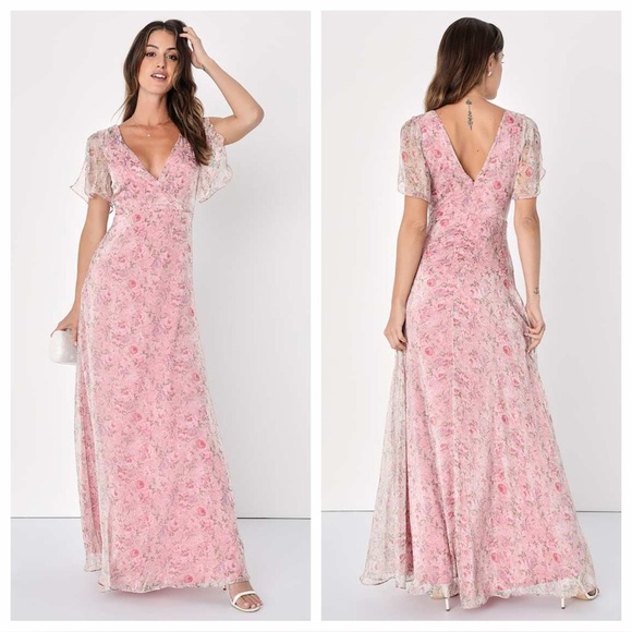 Lulus Dresses & Skirts - Lulus Dreamiest Desires Pink Floral Flutter Sleeve Maxi Dress
